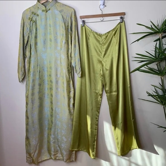 Vintage Green 2 Piece Kaftan Kimono Style Mandarin Collar Pants & Top Lounge Set - Picture 1 of 9